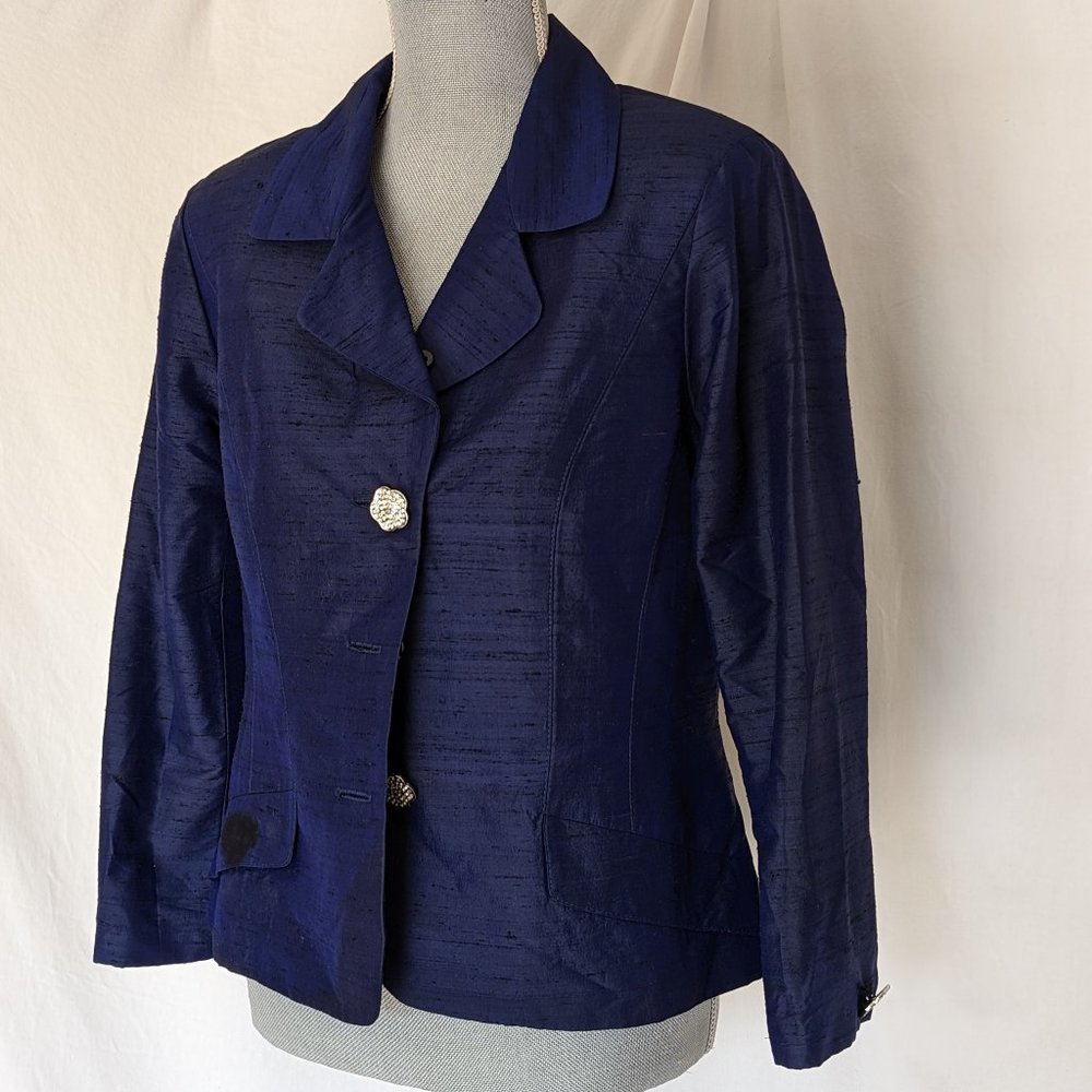 KELLY GRAHAM USA BLUE SHIMMER SILK JACKET WOMEN SIZE 10 NICE